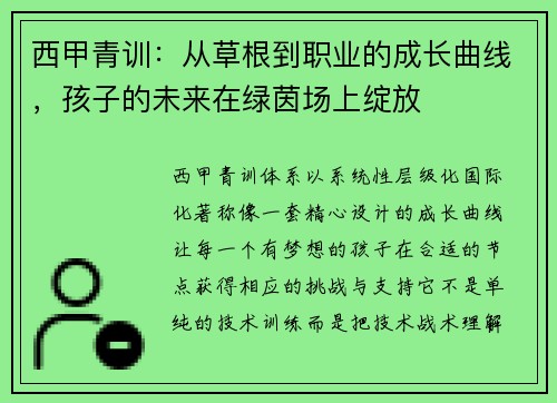 西甲青训:从草根到职业的成长曲线,孩子的未来在绿茵场上绽放